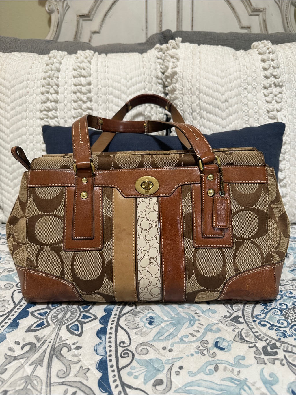 Vintage Coach Brown And Tan Signature Satchel With Leather Trim